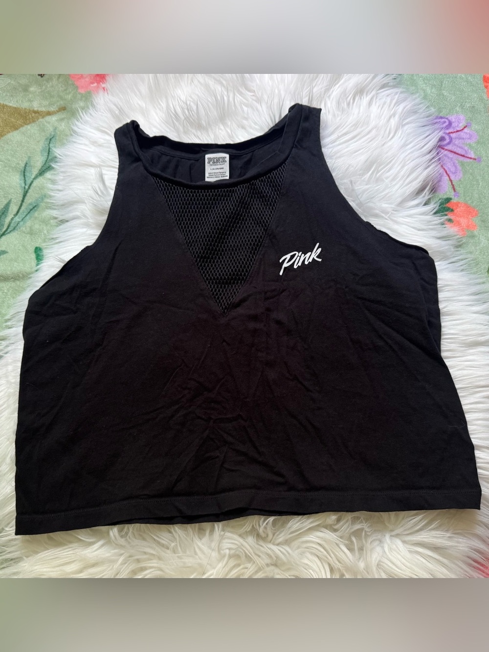 PINK Victoria's Secret Black Tank with Mesh V-Insert and White Logo